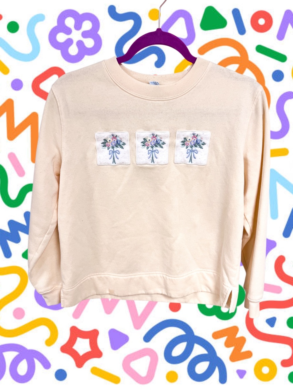 Vtg Jennifer Moore pastel yellow patchwork bouquet squares sweater